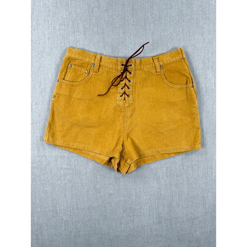 Some Days Lovin Rising Sun Mustard Yellow Corduroy Lace Up Shorts Womens Small - Picture 1 of 9